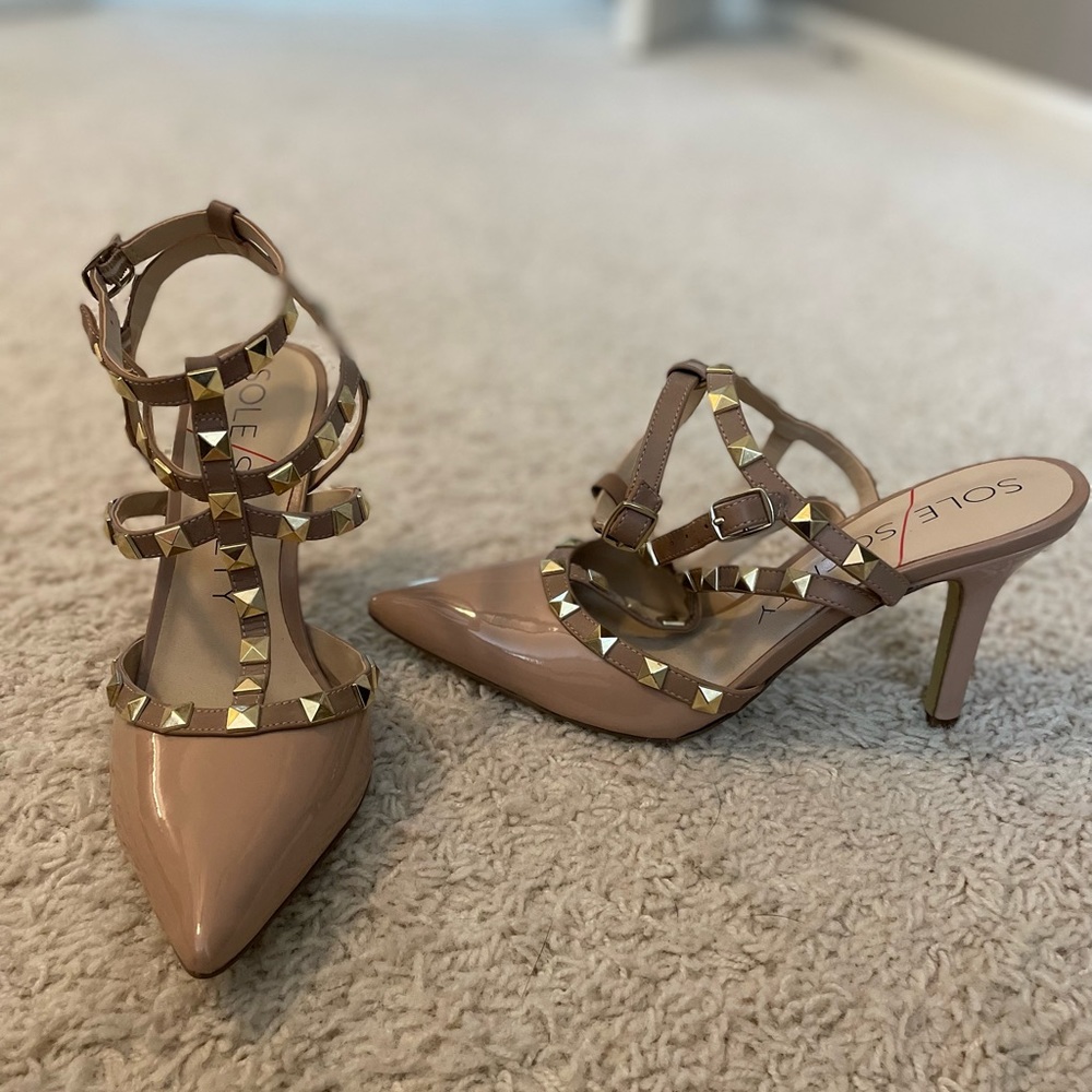 Nude stud strappy heels
